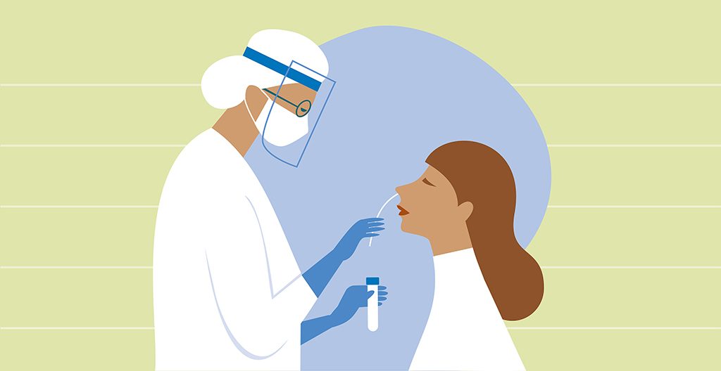 Nurse wearing PPE administering COVID-19 nasal swab test