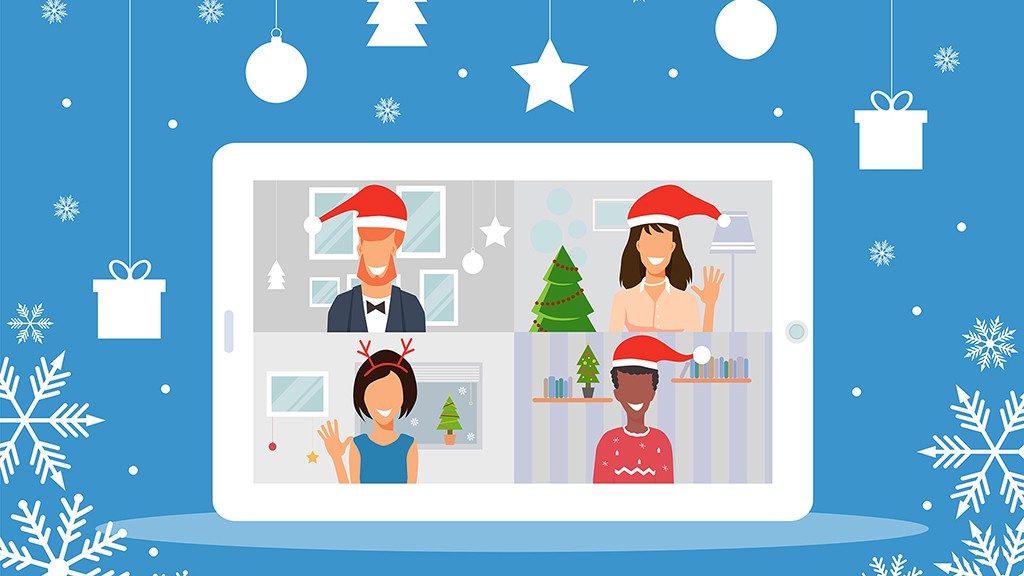 Illustration of zoom holiday party on tablet screen