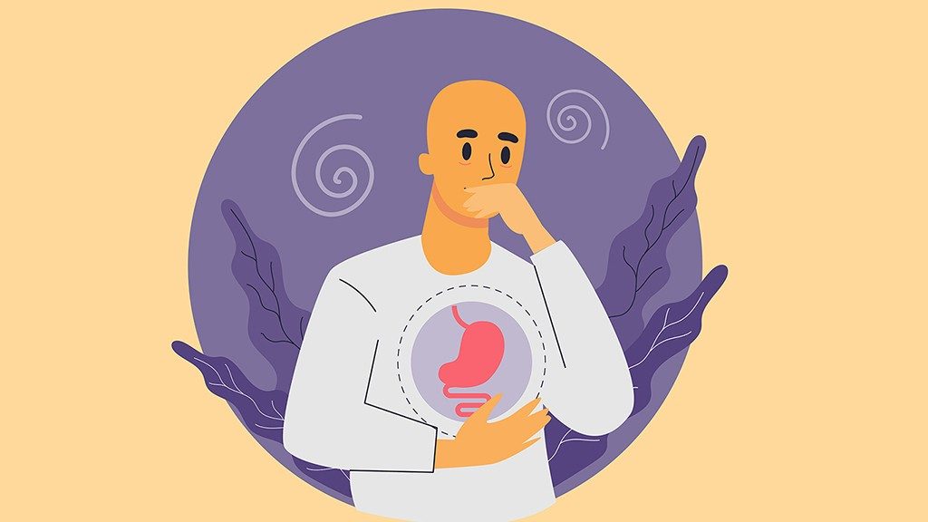 Graphic of bald man covering mouth and holding abdomen