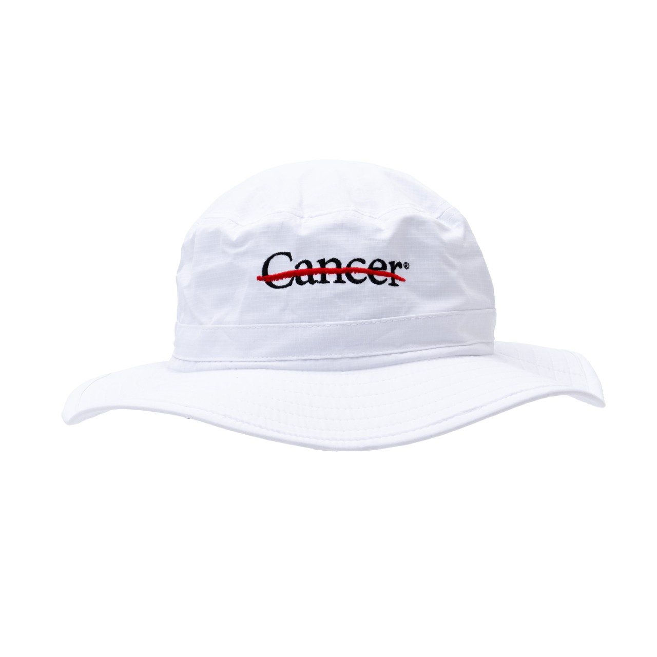 White cancer strikethru bucket hat